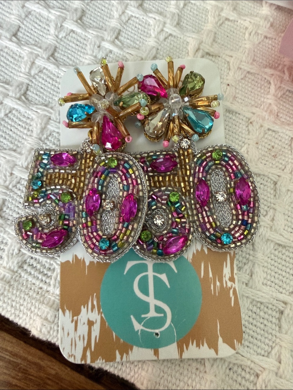 Beaded “50” earrings by Taylor Shaye Designs